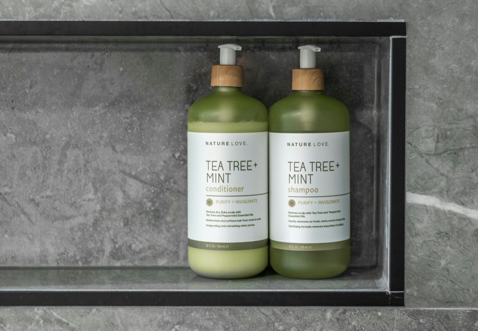 shower niche with green bottles