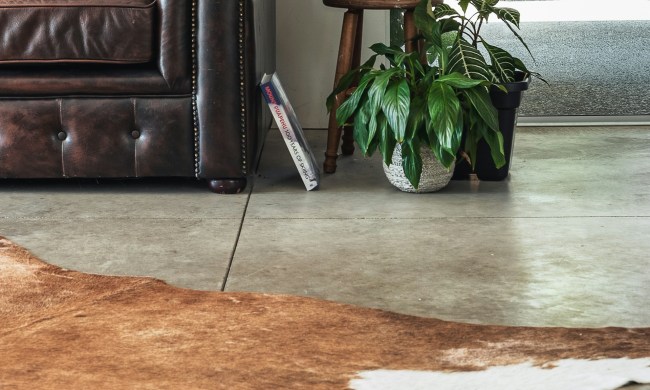 Polished concrete floor with leather furniture and animal skin rug
