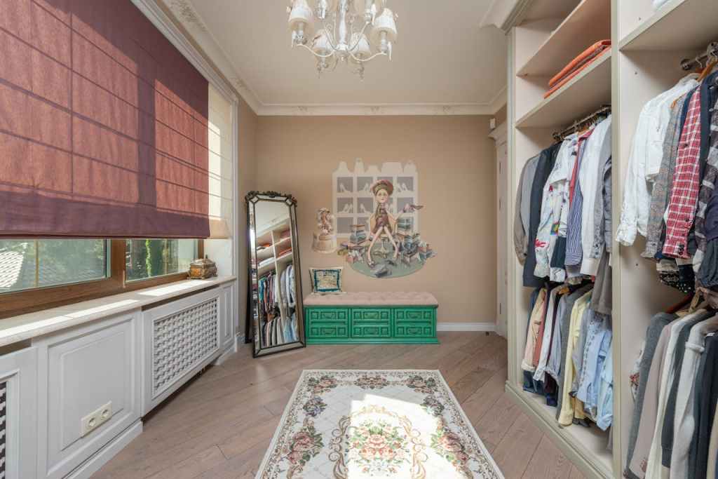 walk in closet with mirror and chandelier
