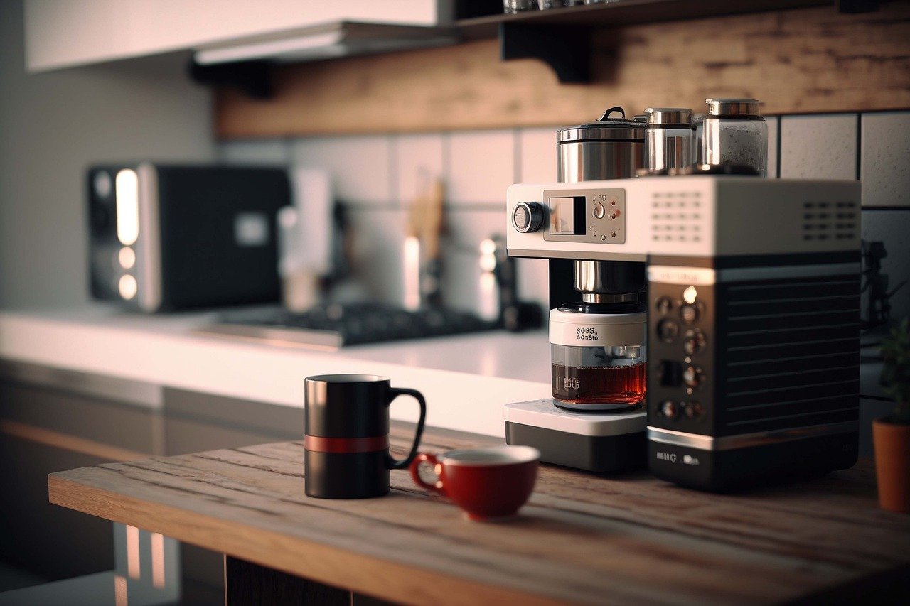 Coffee maker and coffee mugs on a wood countertop