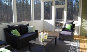 Sunroom porch with dark furniture and white trim