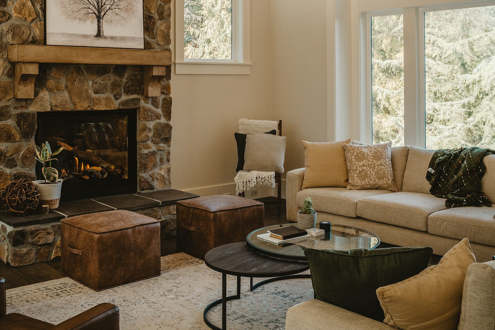 Stone fireplace with natural decor