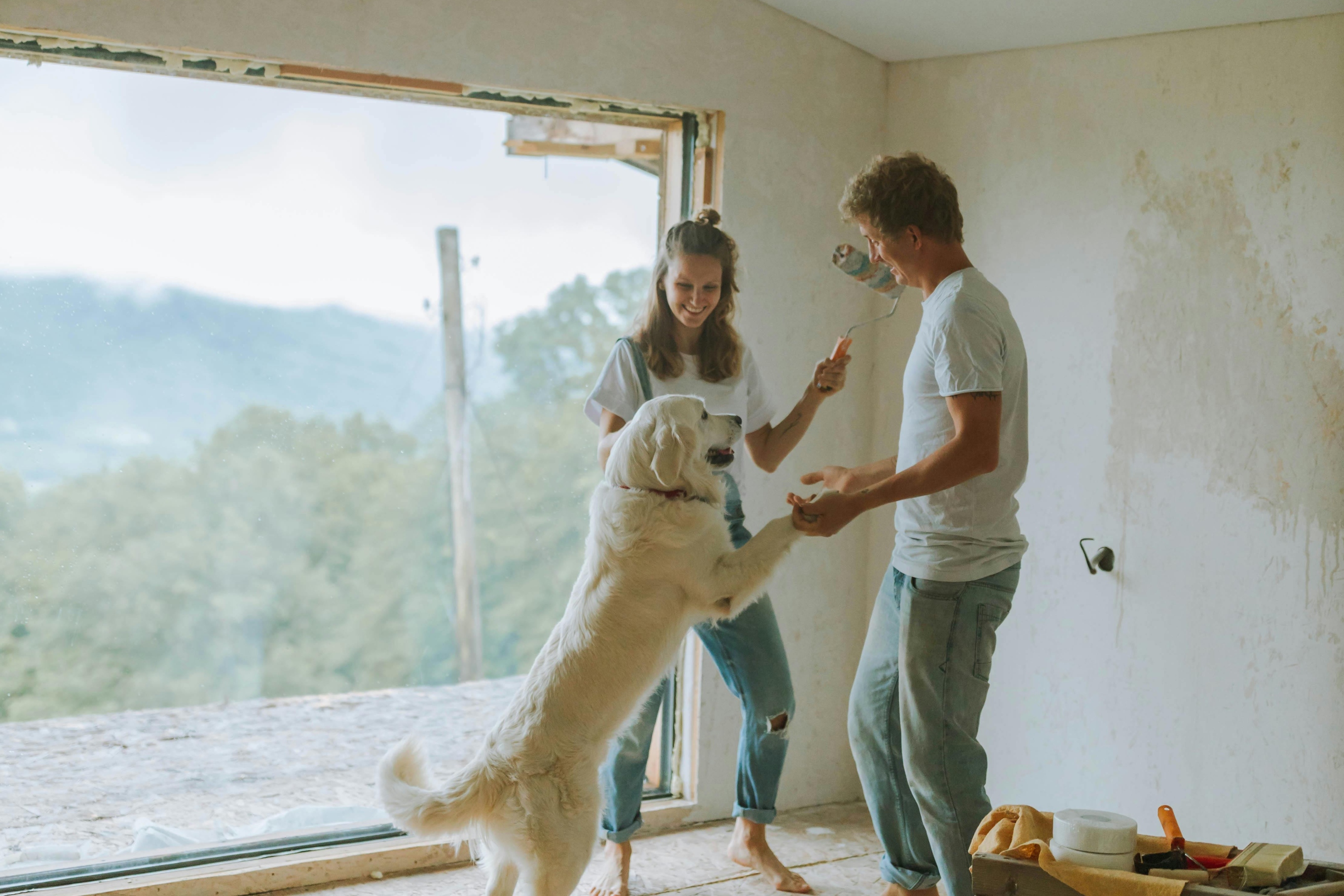 couple remodeling house with their dog