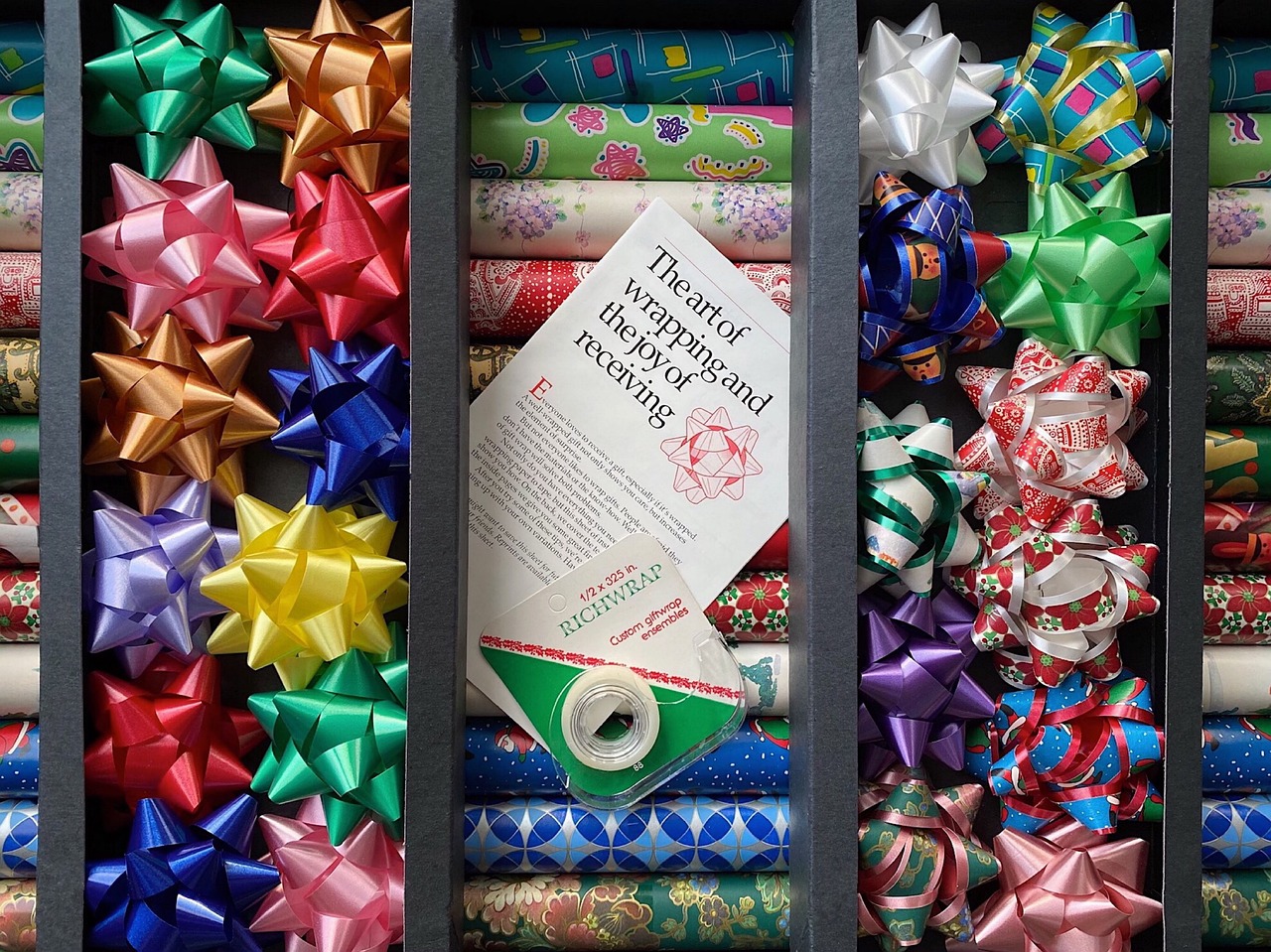 drawer with wrapping paper and supplies