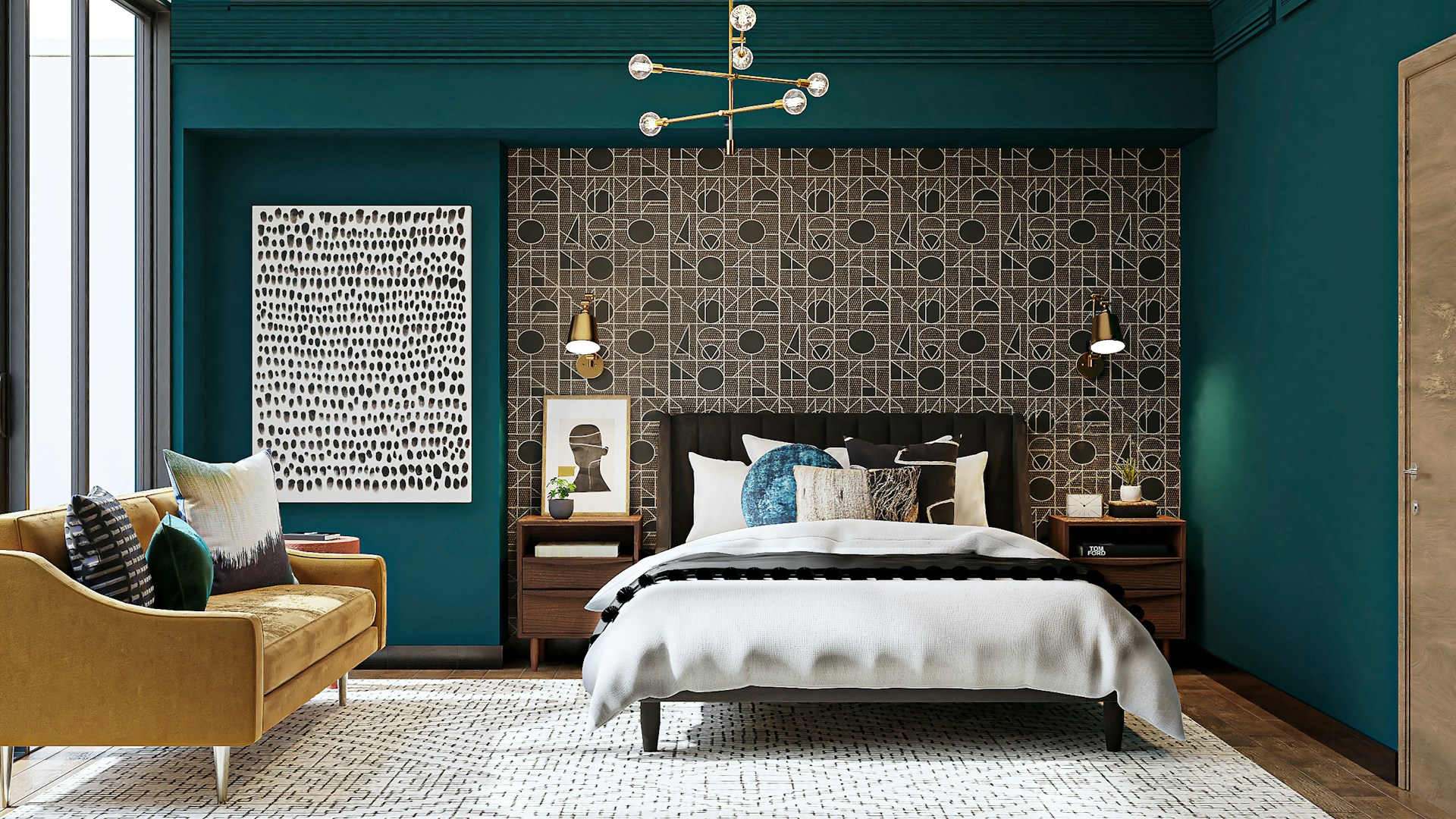 bedroom with green walls and a patterned accent wall