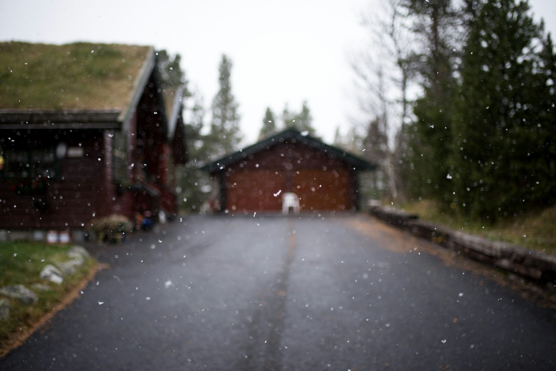 Unfocused shot of snow falling on driveway with garage in the background